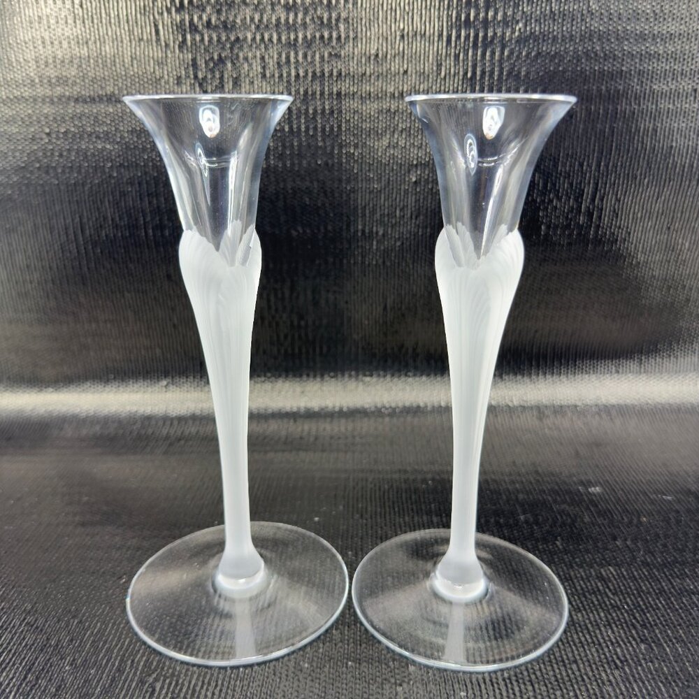 Sasaki Aegean Clear Frosted Stems Glass Crystal Candlestick Holder Set 2 Vintage - Picture 13 of 13